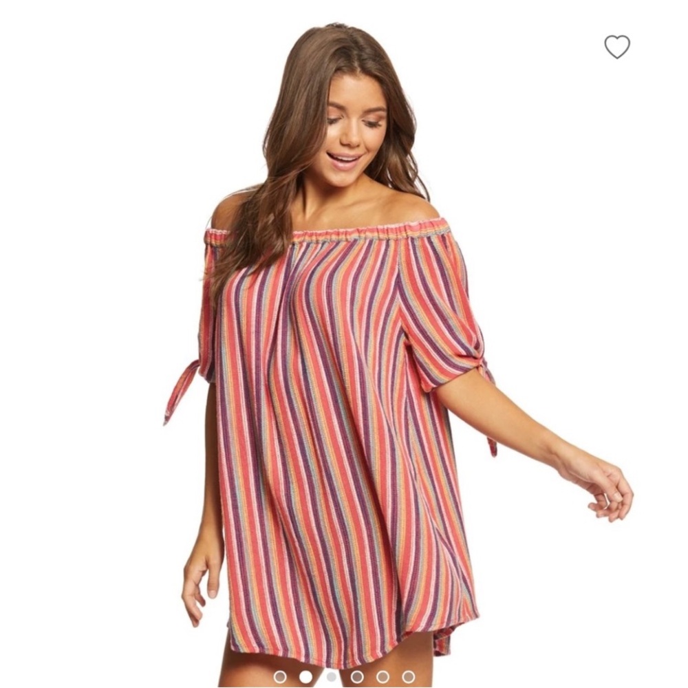 Ripcurl Off Shoulder Mini Dress Women Elbow Tie Sleeves Rainbow Stripe size L